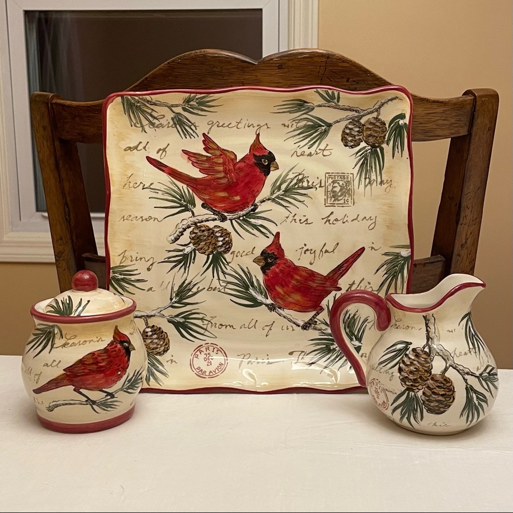 Maxcera “Warm Wishes” Plate/Creamer/Sugar Bowl Set - Seasons Greetings Cardinals - Picture 2 of 16